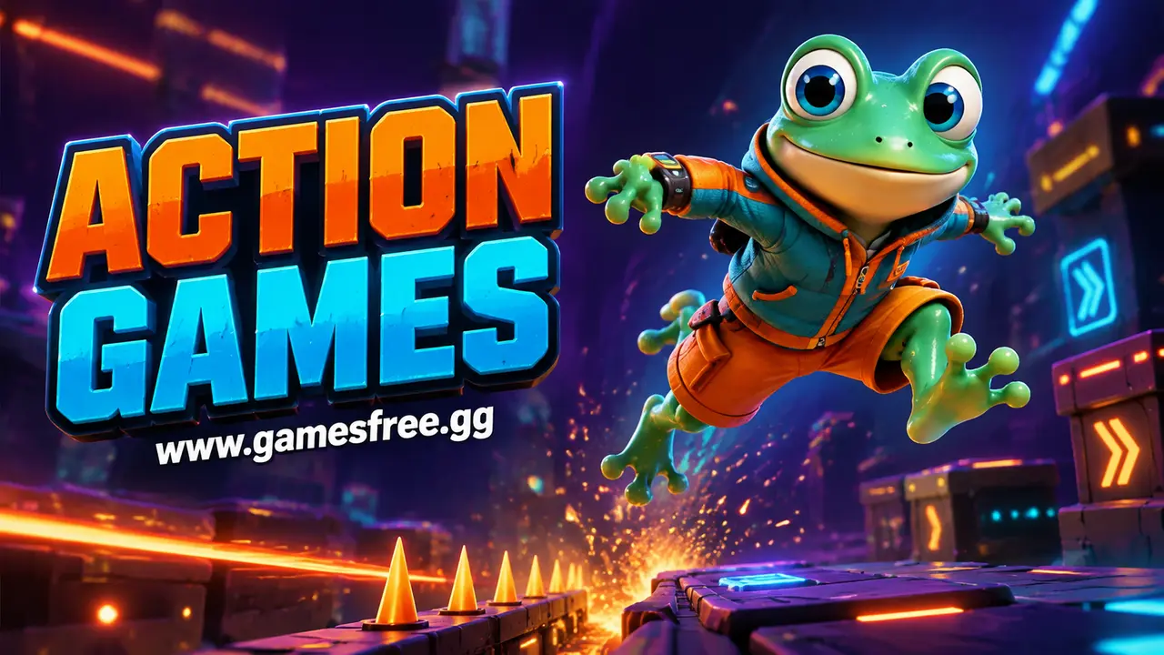 GamesFree.gg green frog mascot in Action Games category artwork