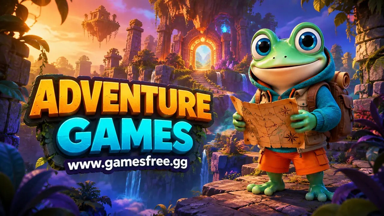 GamesFree.gg green frog mascot in Adventure Games category artwork