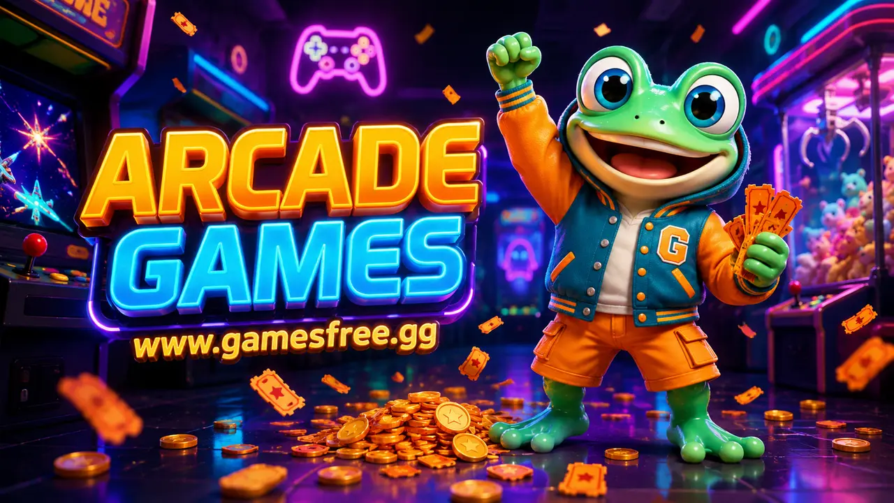 GamesFree.gg green frog mascot in Arcade Games category artwork