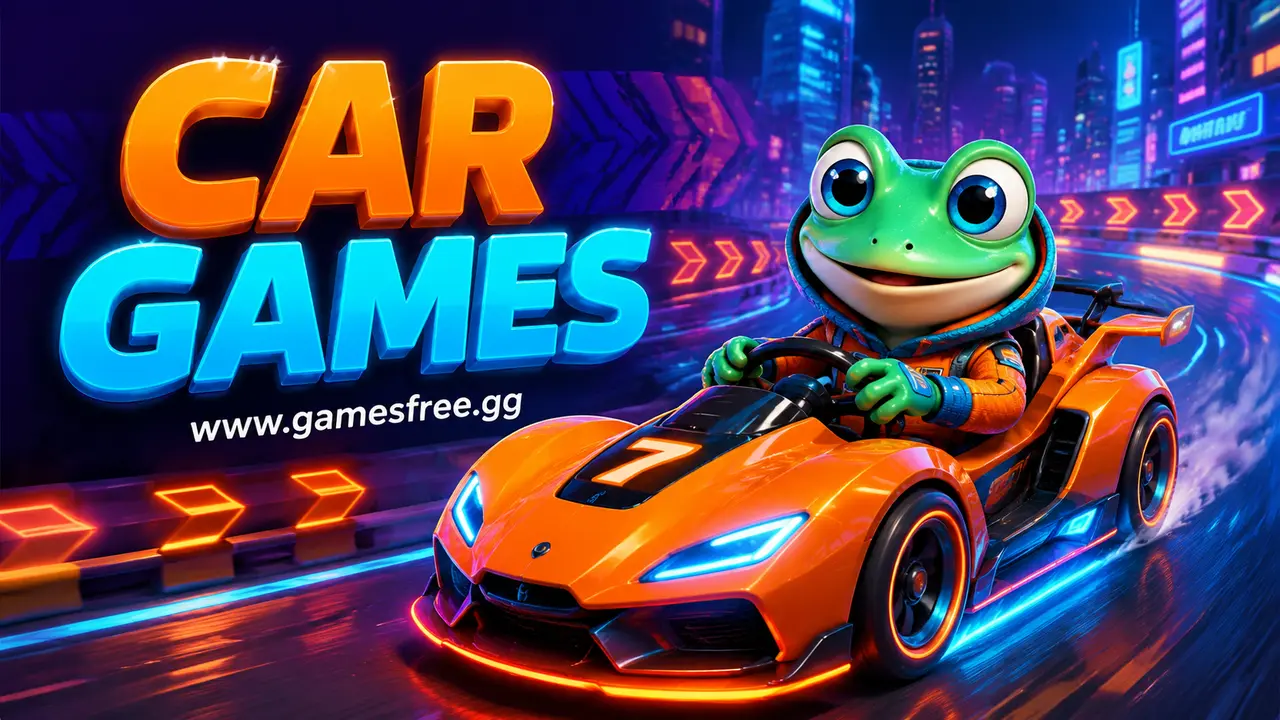 GamesFree.gg green frog mascot in Car Games category artwork