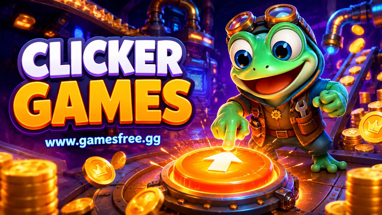 GamesFree.gg green frog mascot in Clicker Games category artwork
