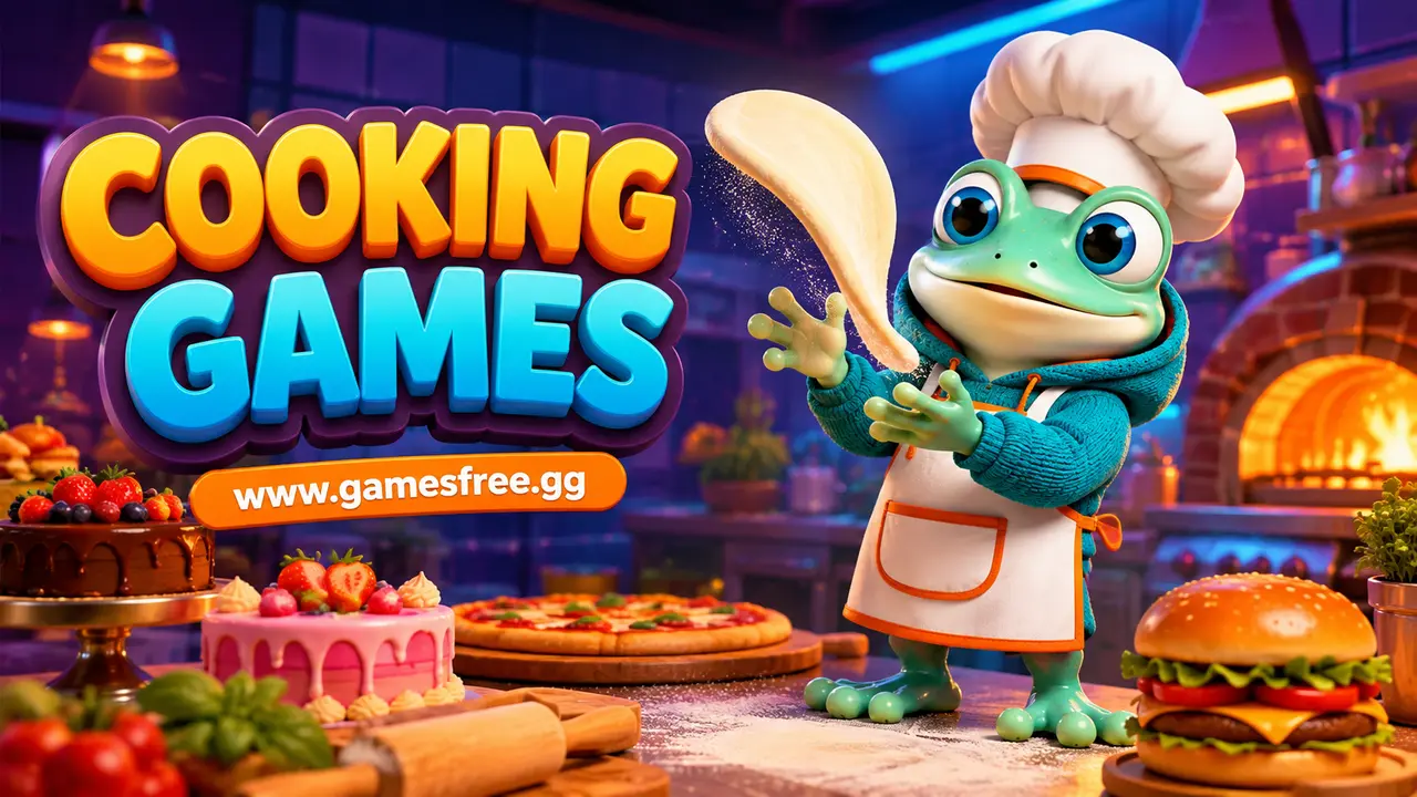 GamesFree.gg green frog mascot in Cooking Games category artwork