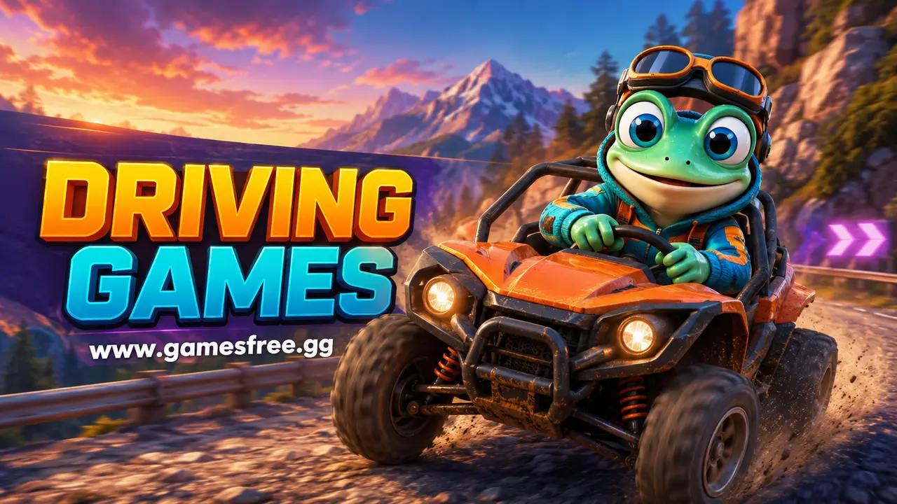 GamesFree.gg green frog mascot in Driving Games category artwork