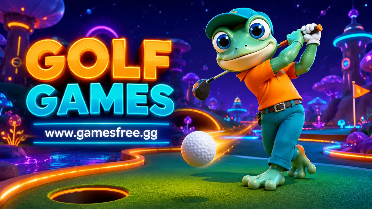 GamesFree.gg green frog mascot in Golf Games category artwork