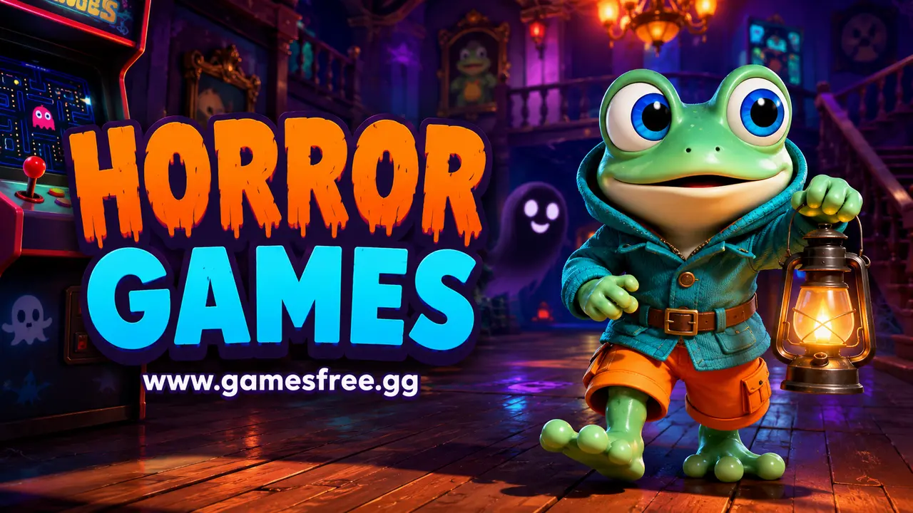 GamesFree.gg green frog mascot in Horror Games category artwork