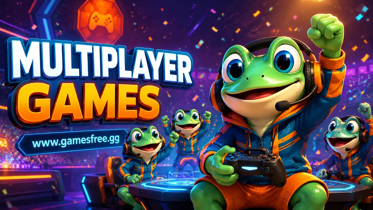 GamesFree.gg green frog mascot in Multiplayer Games category artwork