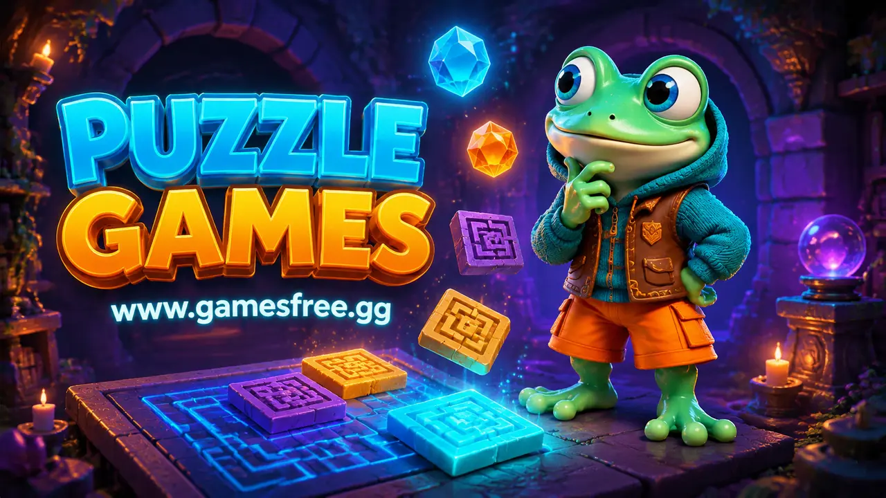 GamesFree.gg green frog mascot in Puzzle Games category artwork