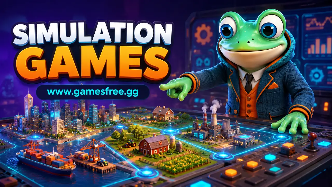 GamesFree.gg green frog mascot in Simulation Games category artwork