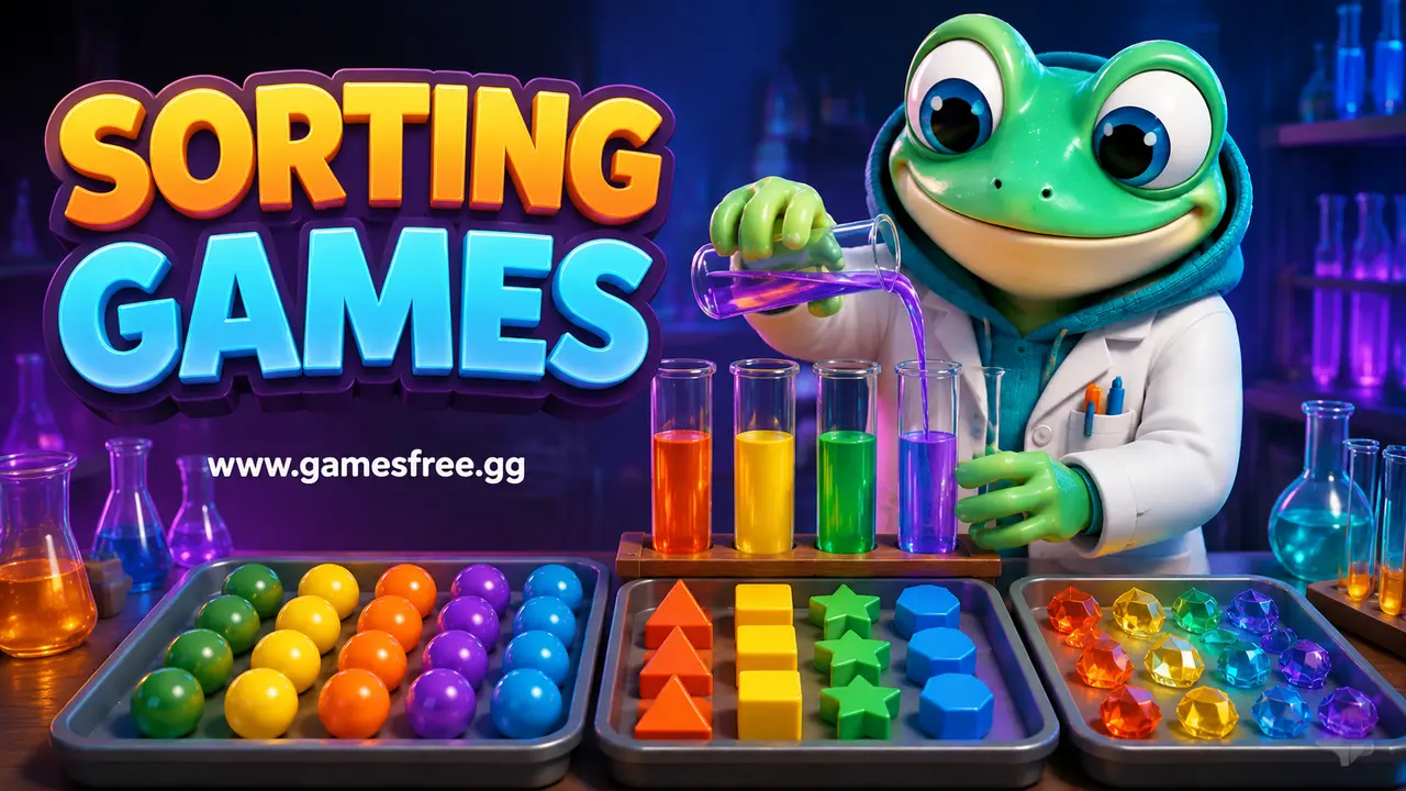GamesFree.gg green frog mascot in Sorting Games category artwork