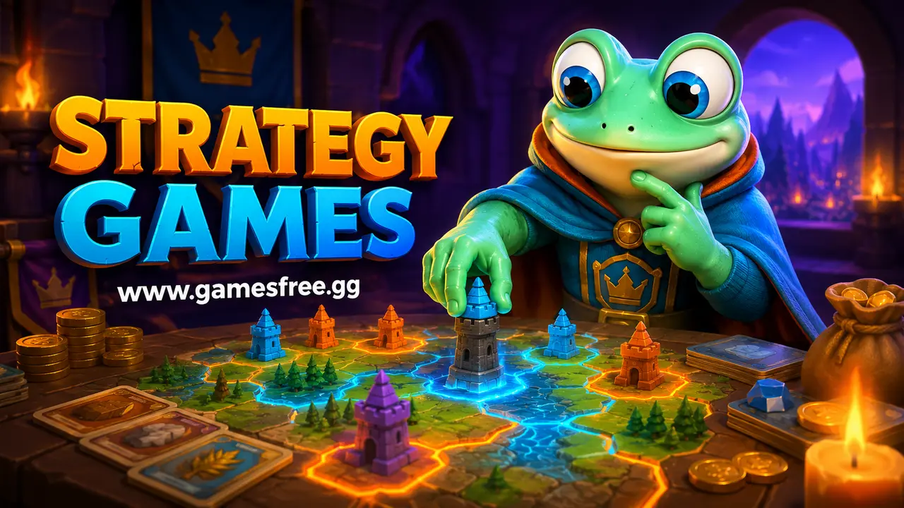 GamesFree.gg green frog mascot in Strategy Games category artwork