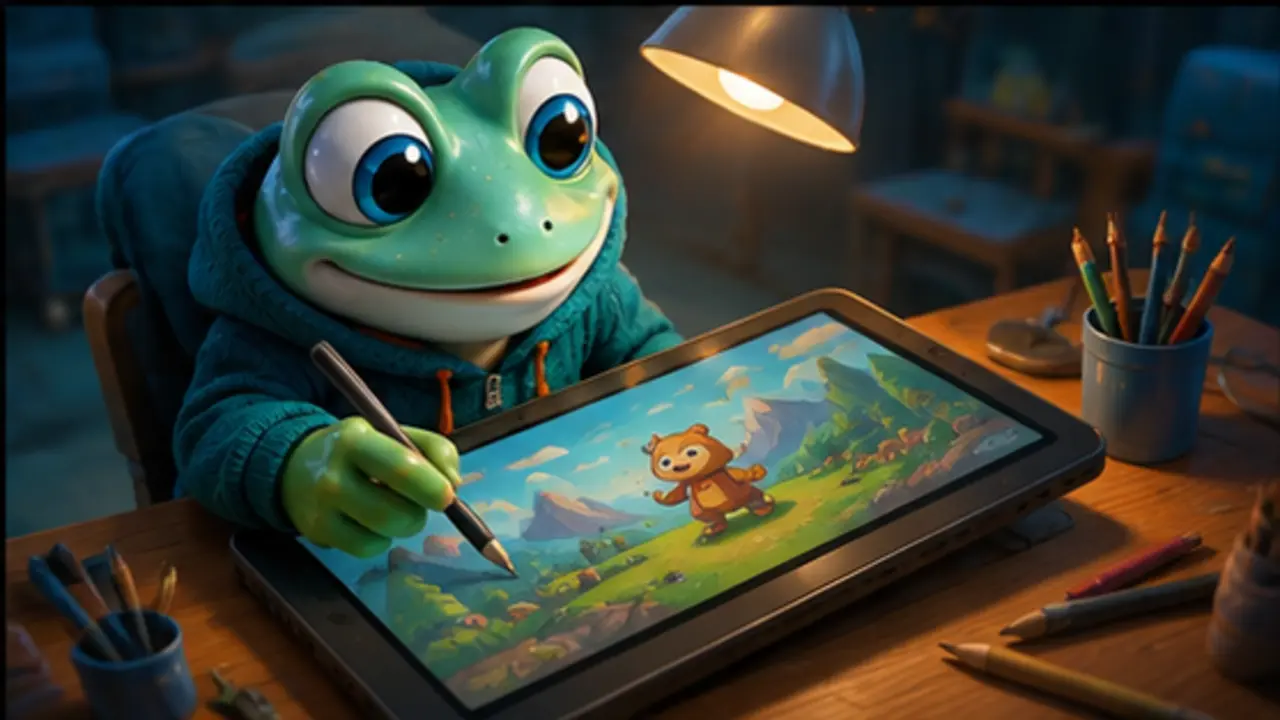 GamesFree.gg frog mascot in Drawing games artwork