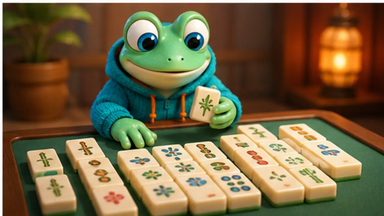 GamesFree.gg frog mascot in Mahjong games artwork