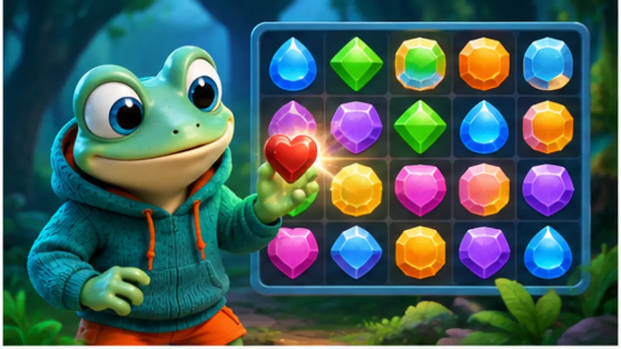 GamesFree.gg frog mascot in Match 3 games artwork